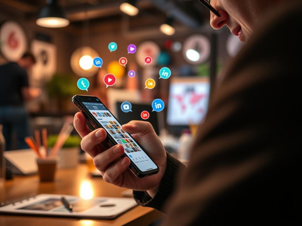 A close-up shot of a social media manager creating engaging posts on a smartphone, surrounded by colorful graphics and social media icons. The setting is a trendy workspace, reflecting a dynamic and creative atmosphere. The image should be hyper-realistic, emphasizing the excitement of social media interaction.