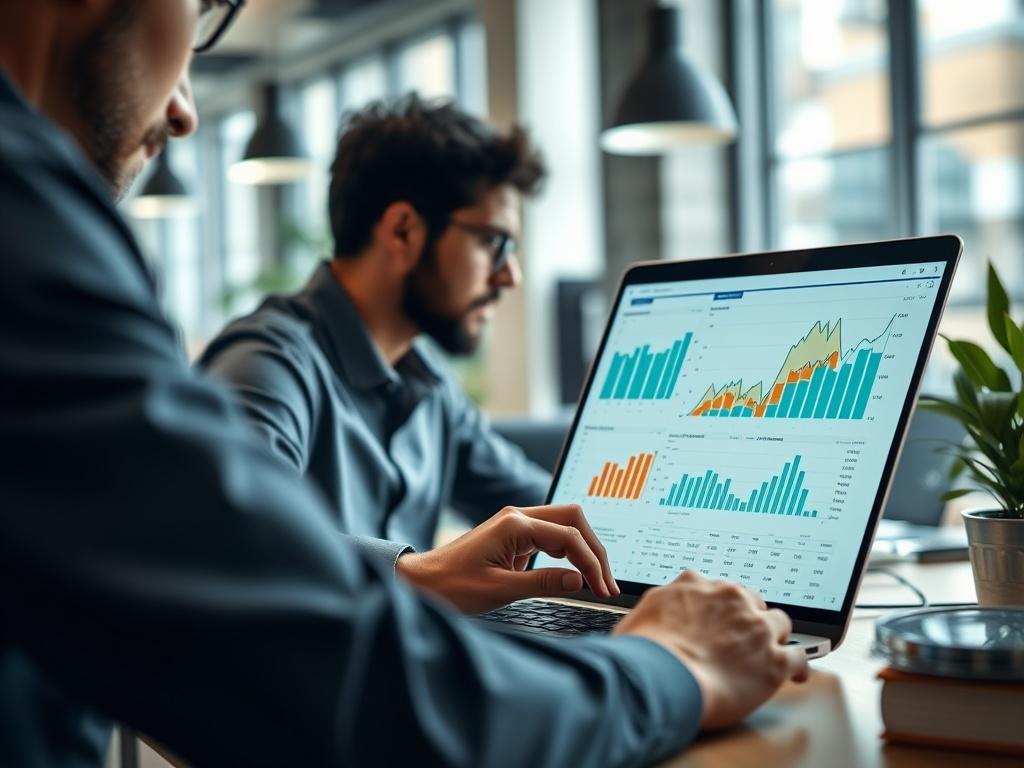 A focused close-up shot of a digital marketing professional analyzing SEO metrics on a laptop, showcasing graphs and data charts on the screen. The background is a modern office with a clean design, highlighting a productive work environment. The image should be hyper-realistic, capturing the intensity of the analysis process.