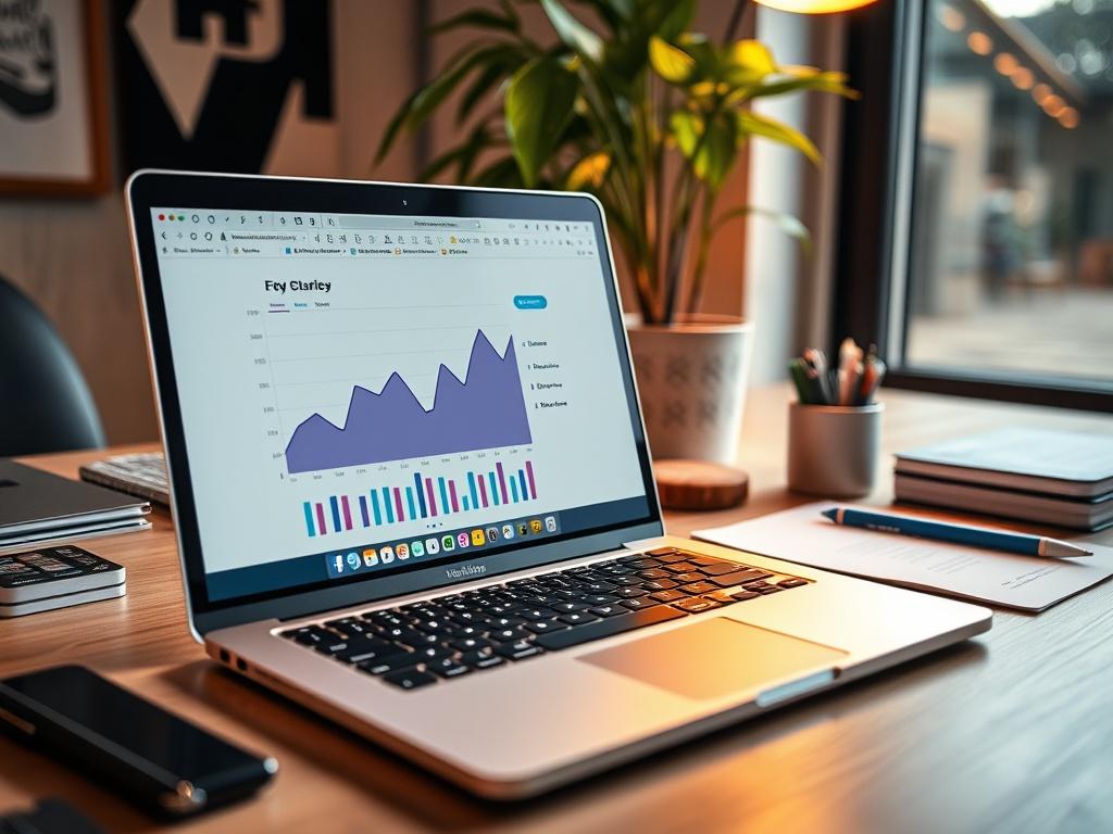 A close up shot of a modern workspace featuring a