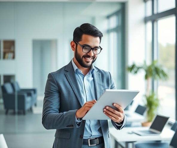 Professional reviewing loan documents on tablet in modern office