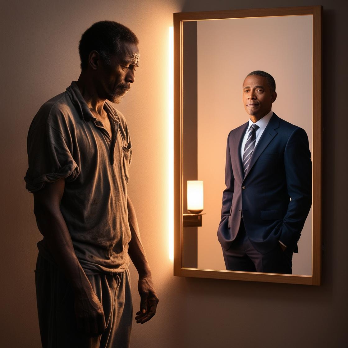 _a man stands in front of a mirror in a dimly lit room, looking at his own reflection. on one side, he appears disheveled, tired, and worn out, while his reflection shows him clean, tidy, and full of hope, sym (1).jpg