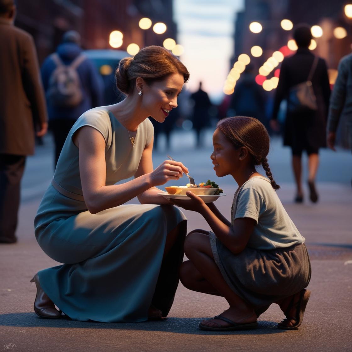 a compassionate scene on a city street where a well-dressed person kneels down to share a meal with a young street child. the person’s expression is gentle and caring, while the child looks grateful, with the sett.jpg