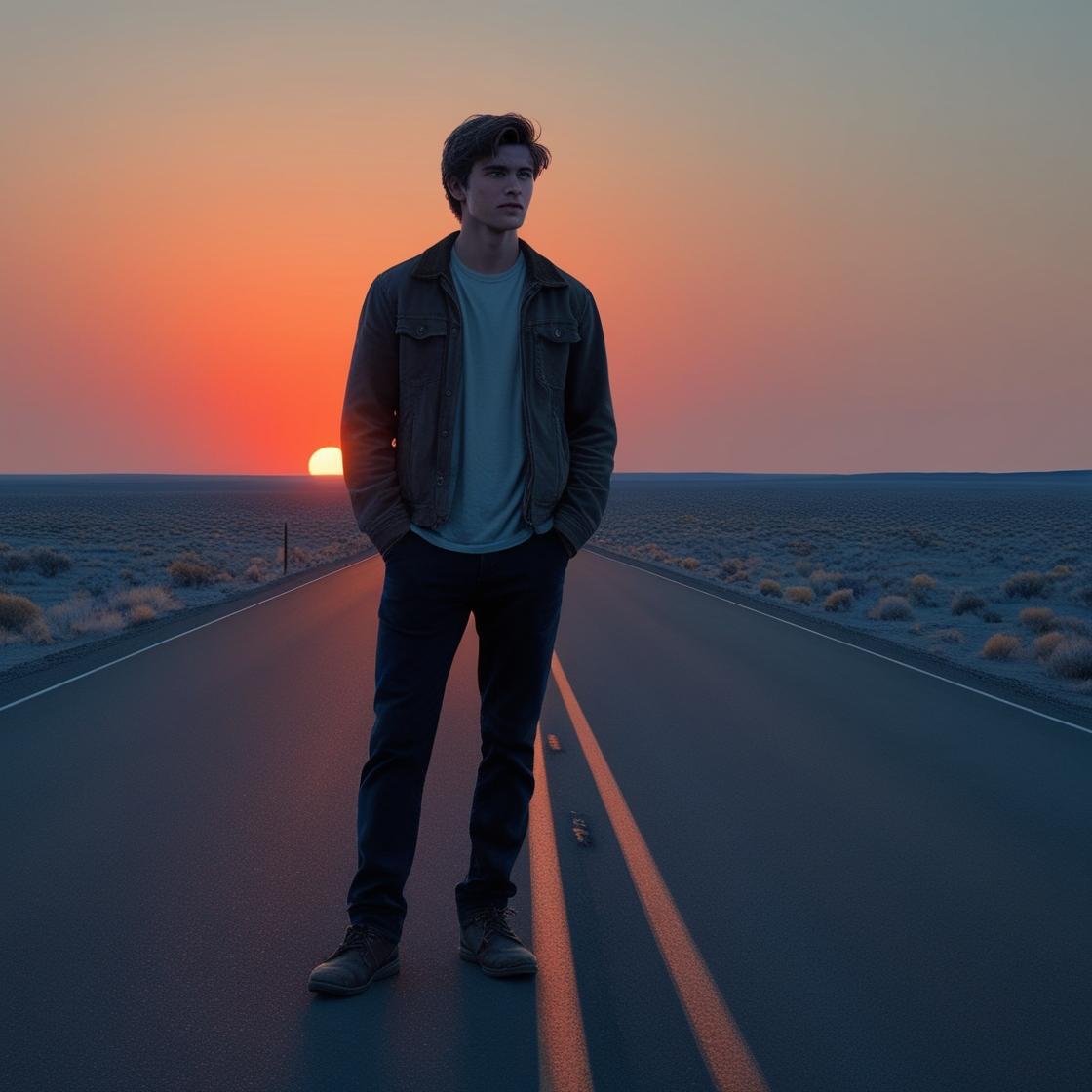a young man standing alone at dusk on an empty road, gazing into the distance. one side of him is illuminated by the soft glow of the setting sun, while shadows cover the other side, symbolizing the balance betwee.jpg
