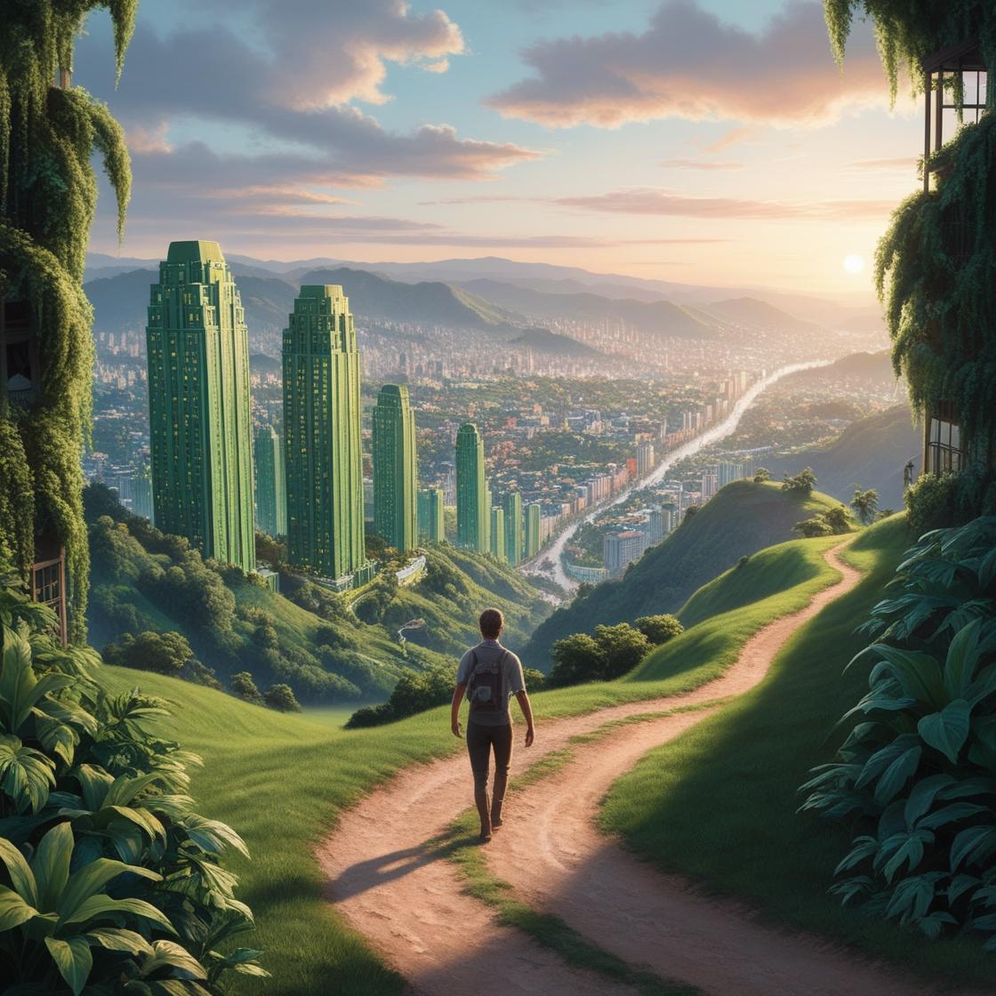 a distant, vibrant city with tall green buildings and calming scenery, seen from a hilltop where a group of people (or a single figure) is walking towards it. the city glows with soft, warm light, symbolizing a ho.jpg