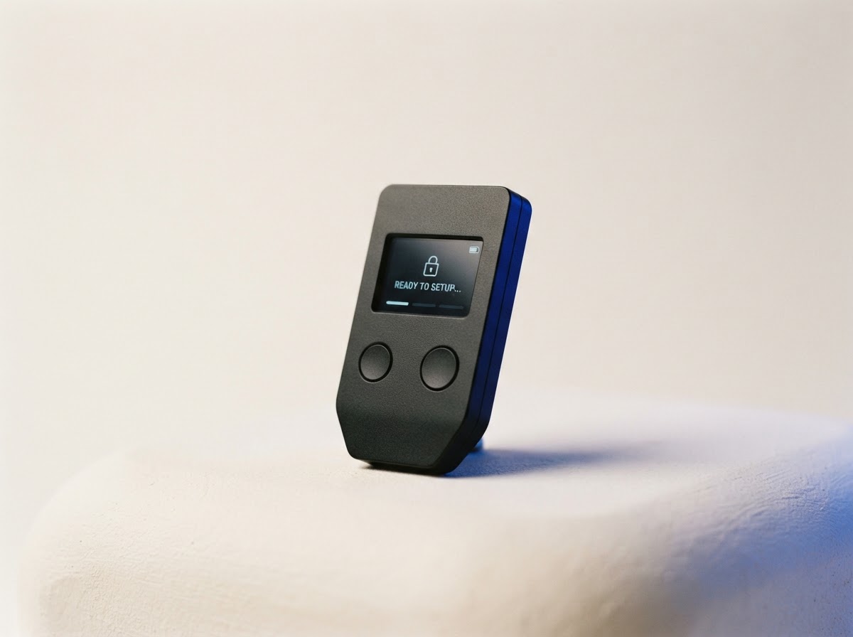 Minimal hardware wallet device displayed on a bright studio plinth