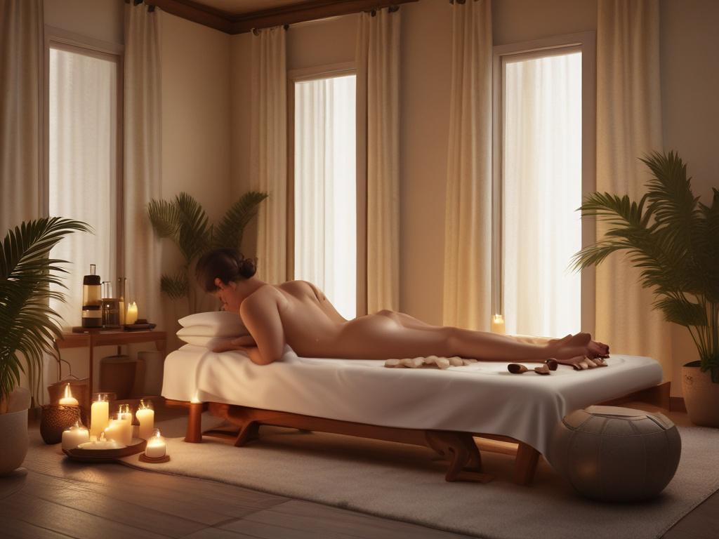 A serene spa setting featuring a beautiful woman performing a