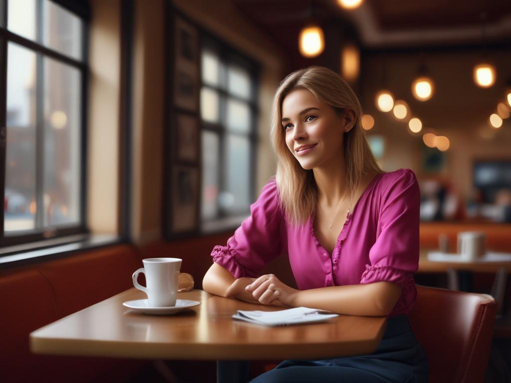 A vibrant young woman dressed elegantly, sitting at a café