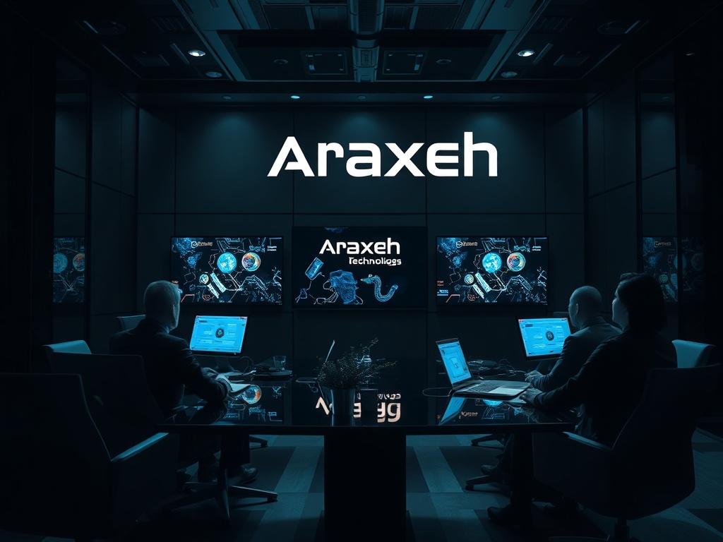 A professional setting where representatives from Araxeh Technologies are meeting with potential investors. The room should be modern and well-lit, with technology presentations displayed on screens. The atmosphere should convey professionalism and opportunity, with elements of deep-tech aesthetics incorporated into the design.