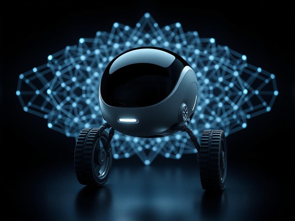 Create a realistic high-resolution photo illustrating the concept of harmonic field technology as it applies to environmental robotics. The composition should focus on a single, sleek, cutting-edge robotic device, prominently displayed in the center of the image, showcasing its advanced engineering and design. The robotic device should have a futuristic aesthetic, with smooth contours and metallic finishes that reflect light in a captivating manner. 

The background should be elegantly dark to emphasize the