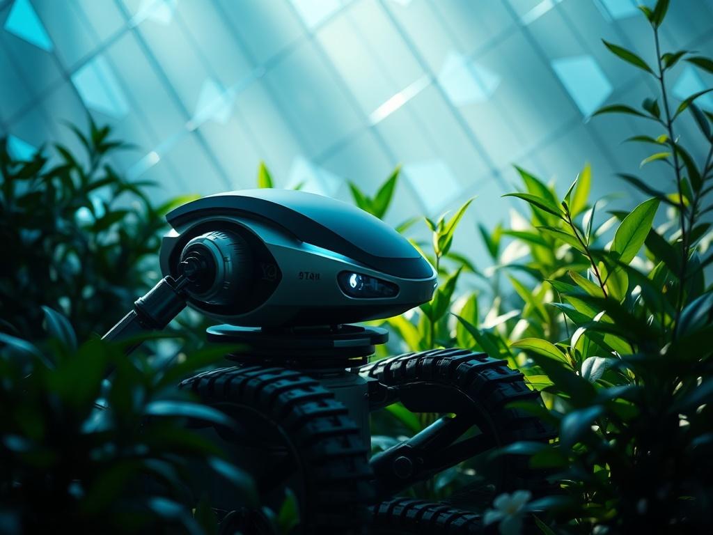 A futuristic robotic system actively engaged in environmental cleanup, surrounded
