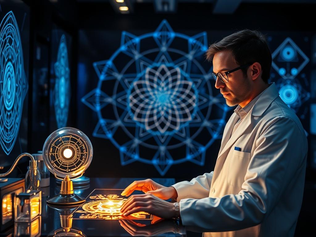 A sleek, futuristic laboratory setting with a scientist interacting with