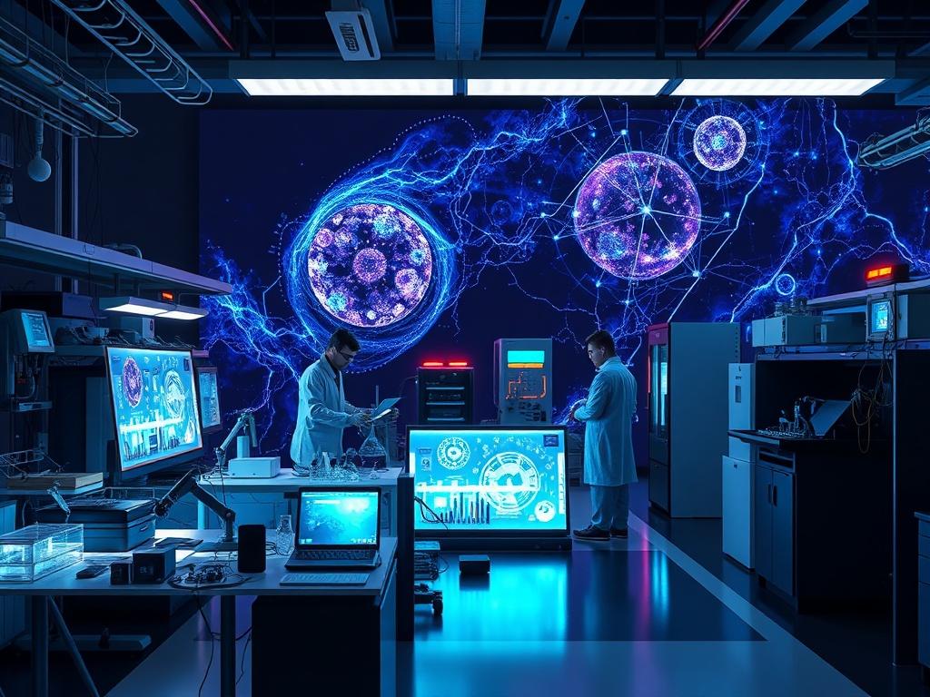A dynamic laboratory environment where scientists and engineers collaborate on advanced R&D projects. The focus is on a high-tech workspace featuring holographic displays, advanced robotics, and environmental technology. The backdrop includes abstract representations of the magno-electric universe, with bold lighting that creates a striking contrast. The atmosphere should reflect a sense of discovery and innovation, capturing the essence of deep-tech research.