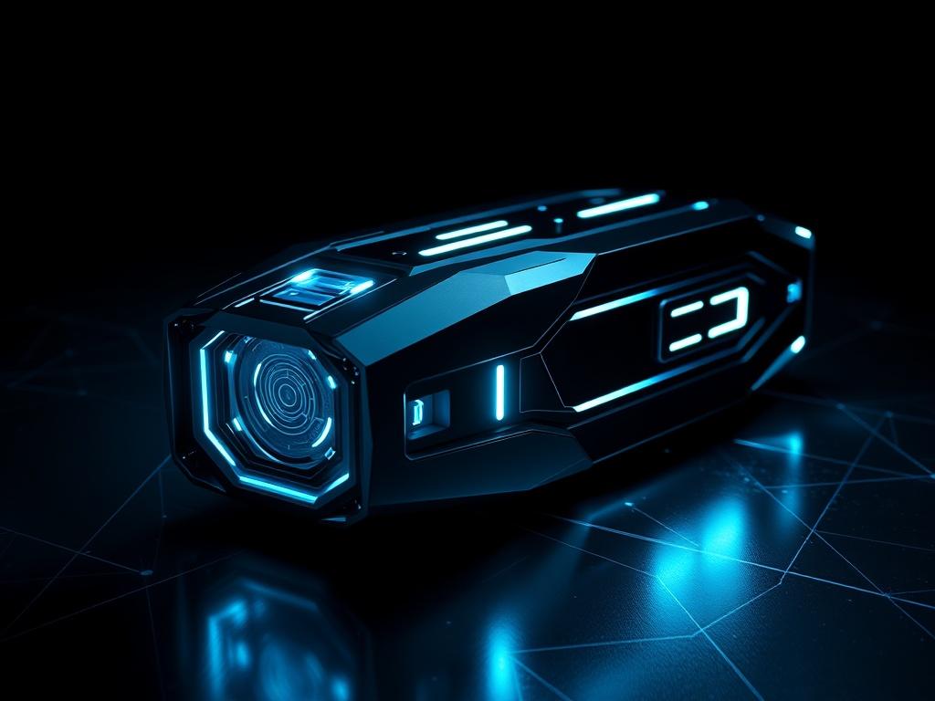 An advanced defense technology prototype developed by Araxeh Technologies. The image showcases a sleek design with magnetic and energy-based features. The prototype is set against a dark backdrop, illuminated by glowing blue and silver lights, creating a high-tech aesthetic. The composition should include elements that signify strength and security, enhanced by harmonic geometric patterns in the background, reflecting the advanced capabilities of defense innovation.
