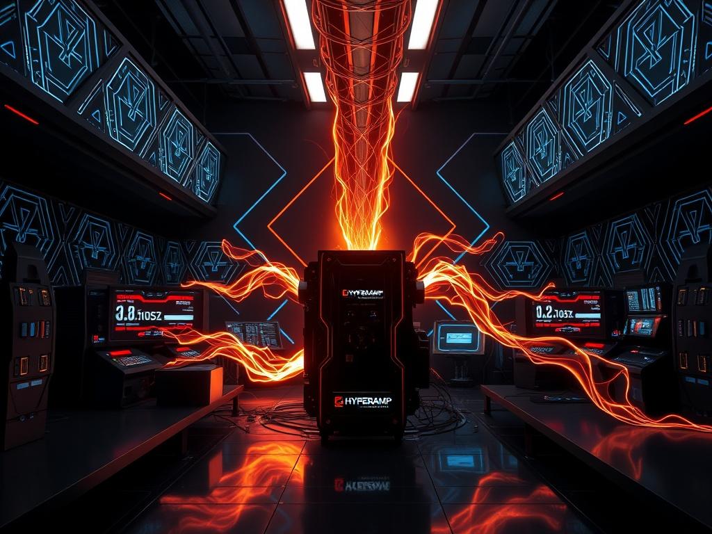 An energy-focused laboratory scene displaying the HyperAmp technology, with vibrant energy waves emanating from a central device, surrounded by futuristic energy monitors and displays, all set against a backdrop of harmonious geometric designs.