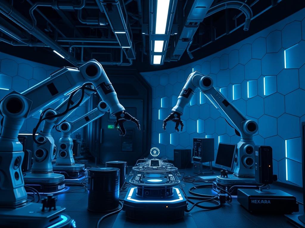 A futuristic laboratory scene showcasing the Hexara Core platform in action, with robotic arms interacting with various environmental sensors, glowing blue and silver accents illuminating the workspace, set against a backdrop of harmonic geometric patterns.