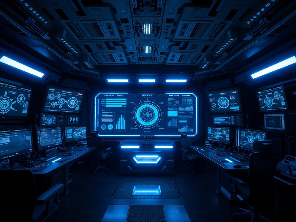 A high-tech defense operations center featuring Araxeh's innovations in action, with displays showing real-time data analysis and defense systems, illuminated by glowing blue and silver accents, set within a futuristic environment.