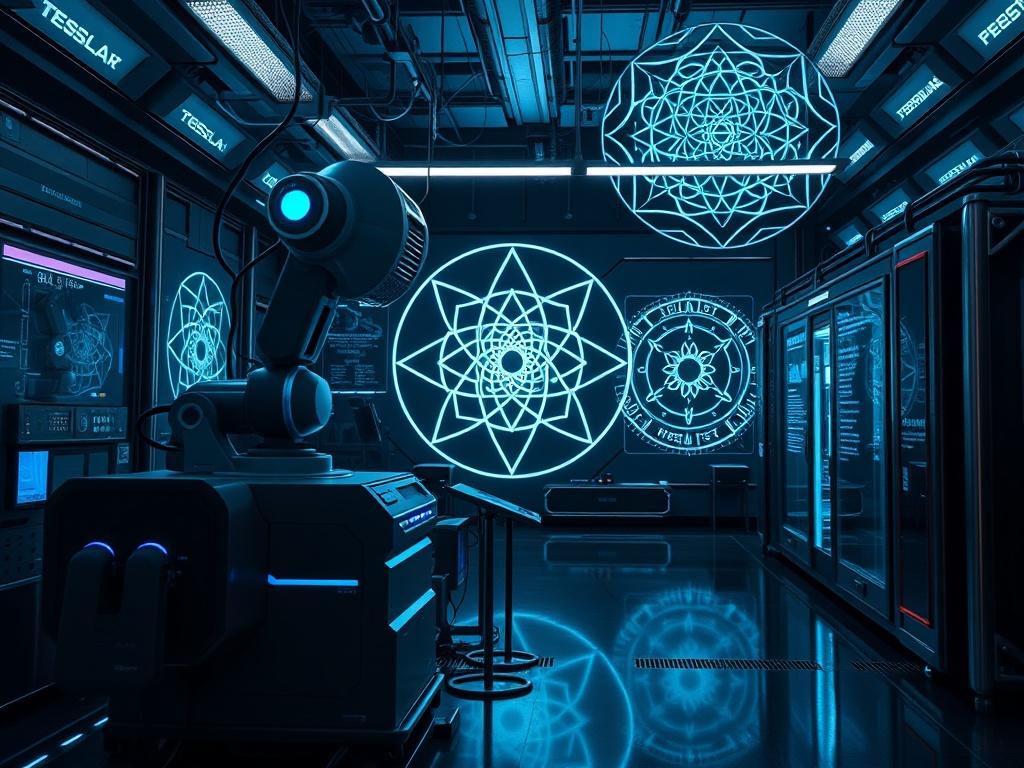 A futuristic high-tech laboratory featuring advanced robotic systems and harmonic energy devices. The setting showcases a sleek, modern design with glowing blue and silver accents. The background includes geometric patterns like the Flower of Life and Tesla spiral, adding depth and harmony to the overall composition.