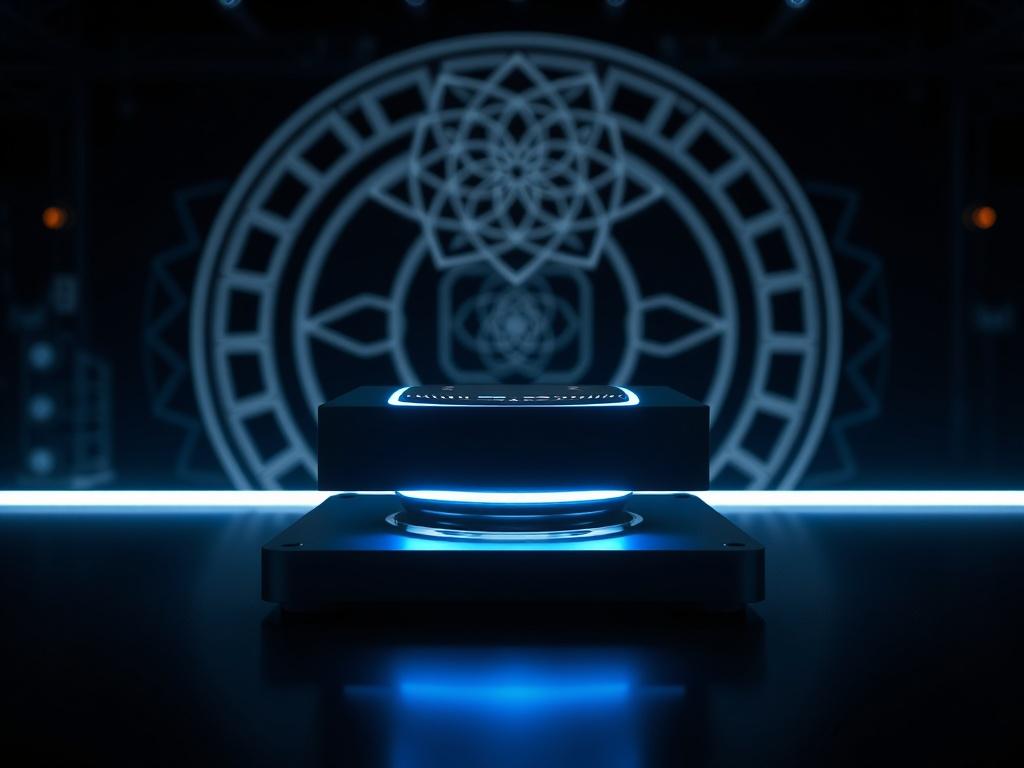 A high-tech magnetic device prominently displayed in a dark, futuristic lab. The device emits a soft blue glow, highlighting its sleek design. In the background, geometric patterns such as the Flower of Life and Tesla spiral create a dynamic visual, emphasizing innovation. The lighting is bold with deep shadows, creating a striking contrast that showcases the device.