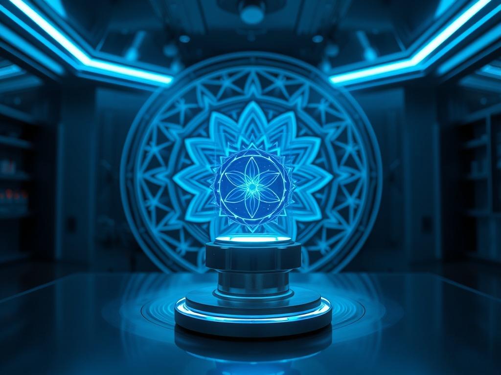 A close-up view of a futuristic harmonic field technology device in a sleek, modern lab environment. The device is glowing with blue and silver accents, surrounded by intricate geometric patterns like the Flower of Life and Tesla spiral in the background. The lighting is high-contrast, emphasizing deep shadows and bold highlights, creating a striking visual effect.