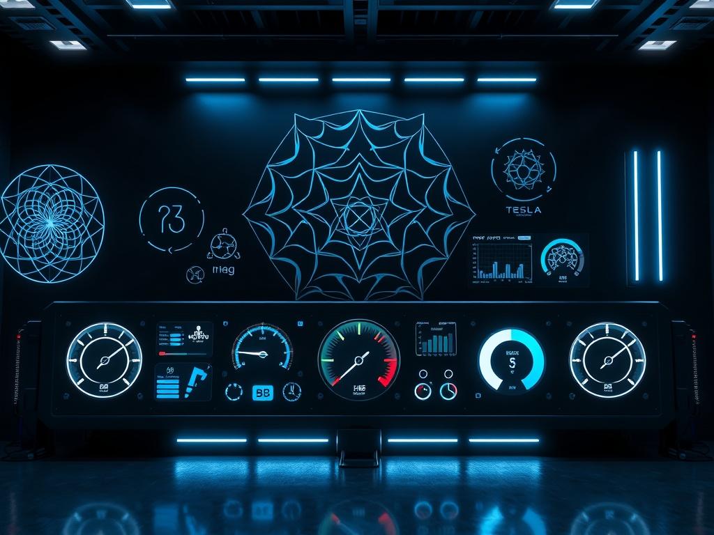 A futuristic energy management system displayed in a darkened room with glowing blue and silver lights. The system showcases various energy gauges and indicators, set against a backdrop of geometrical designs like the Tesla spiral and Flower of Life. The lighting highlights the sleek lines and modern design of the system, emphasizing innovation and efficiency.