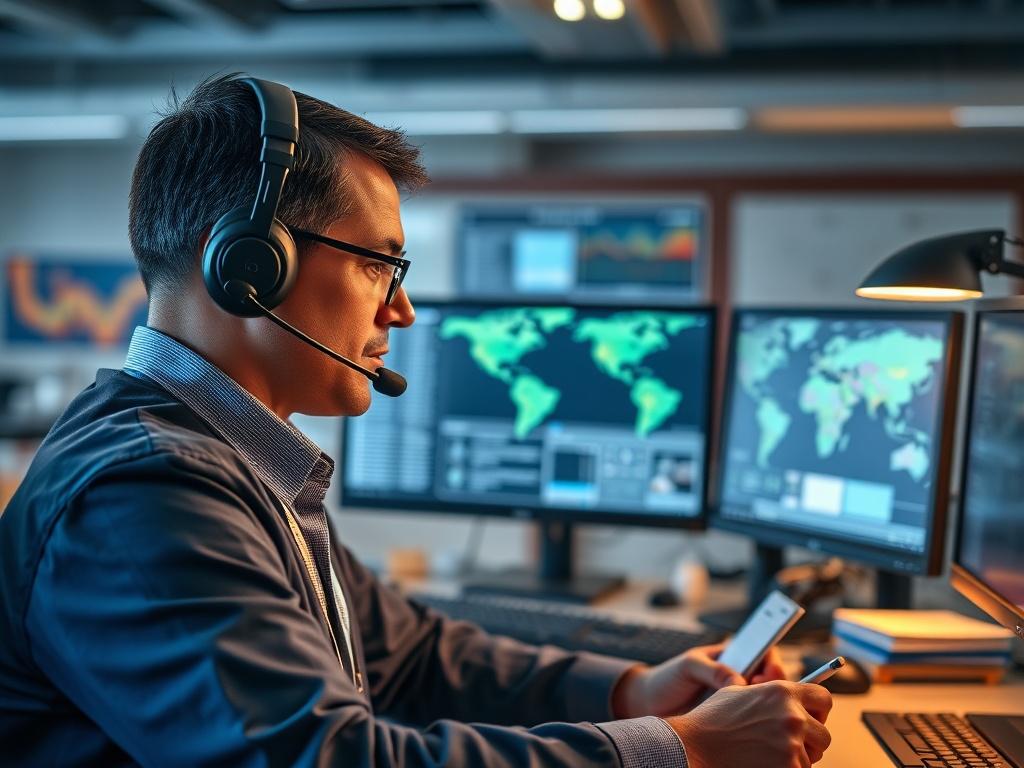 A dispatcher wearing a headset, focused on coordinating logistics. The setting is an organized office environment with a computer screen displaying shipment details and maps in the background. The dispatcher is engaged in communication, taking notes, and displaying professionalism. The overall atmosphere conveys efficiency and reliability in freight logistics.