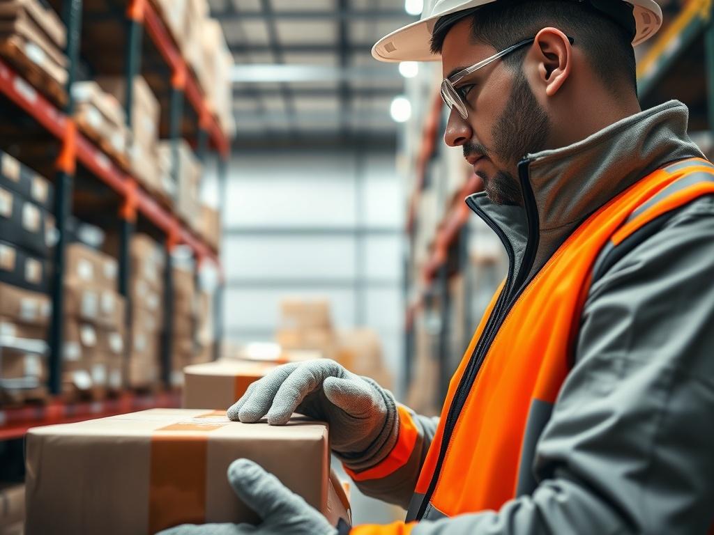 A close-up shot of a professional logistics worker carefully inspecting and securing packages in a warehouse. The worker is wearing safety gloves and a reflective vest, with a focus on their hands as they ensure proper handling. The background shows organized shelves filled with various packages, emphasizing a clean and secure environment. The lighting is bright, highlighting the importance of safety and attention to detail in goods handling.