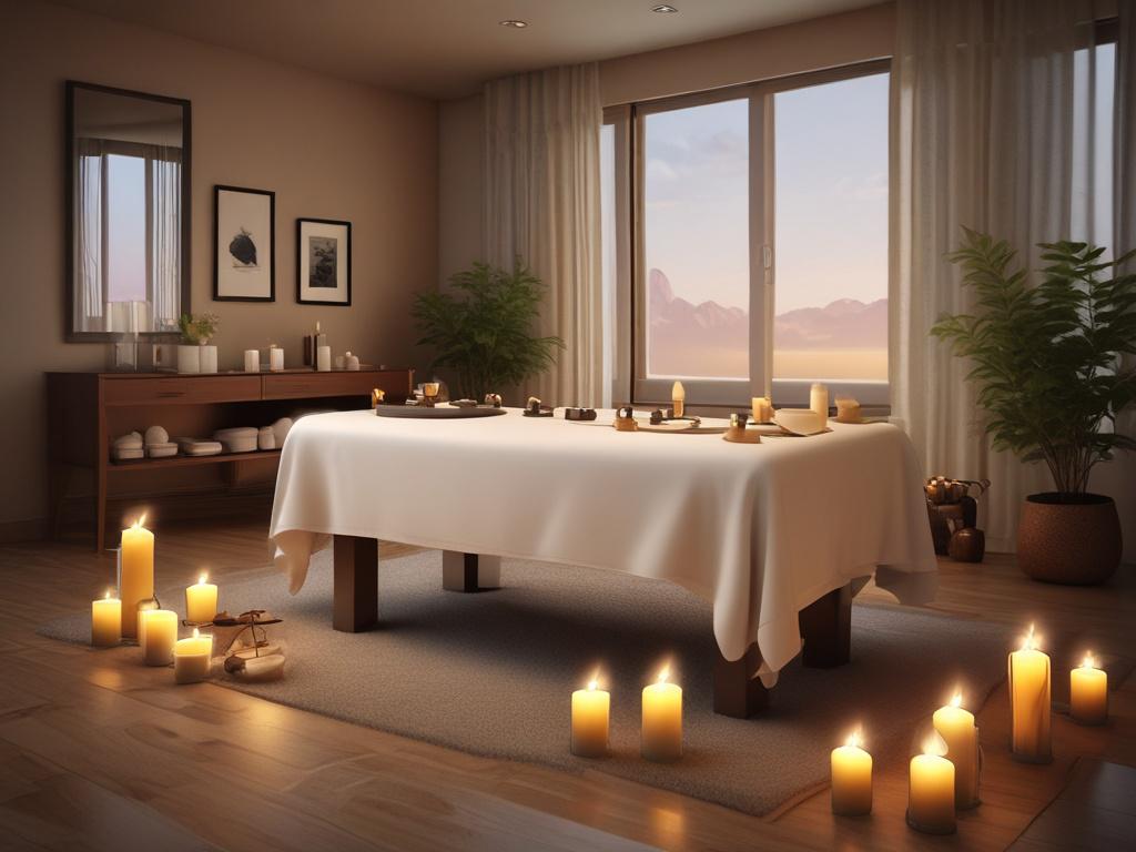 A serene, tranquil setting featuring a luxurious massage table surrounded