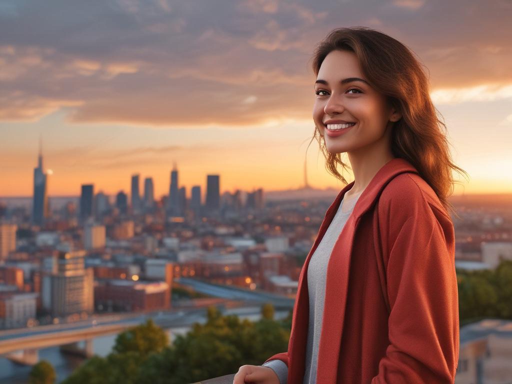 A beautiful young woman in casual yet stylish attire, smiling
