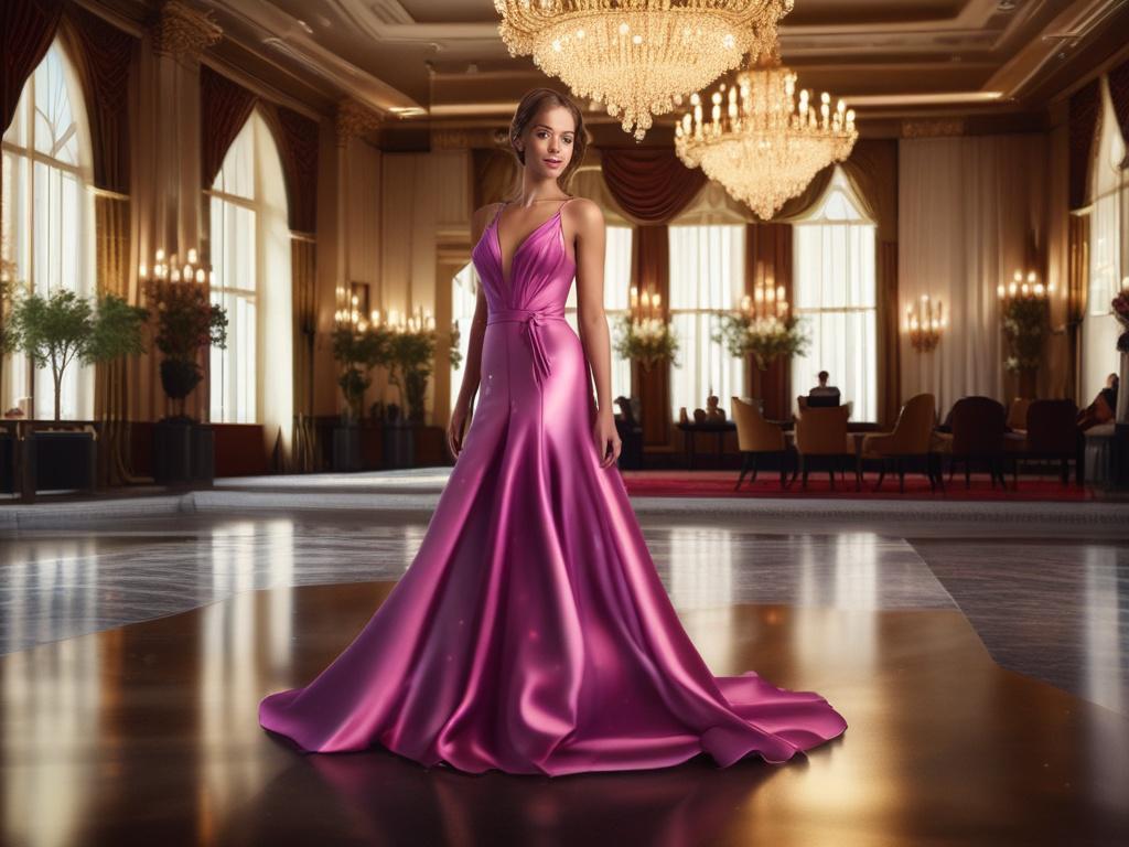 A glamorous model in an elegant evening gown, standing confidently