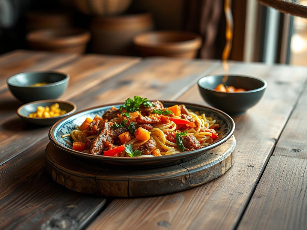A beautifully plated traditional dish on a rustic wooden table,