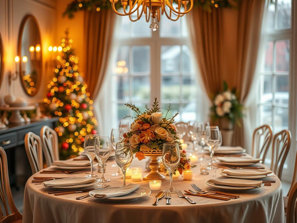 A beautifully decorated dining table set for a festive event,