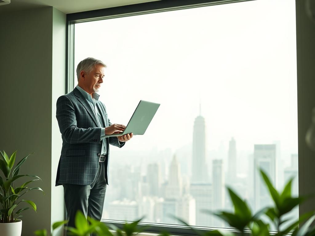 A serene and professional image of a confident trader standing