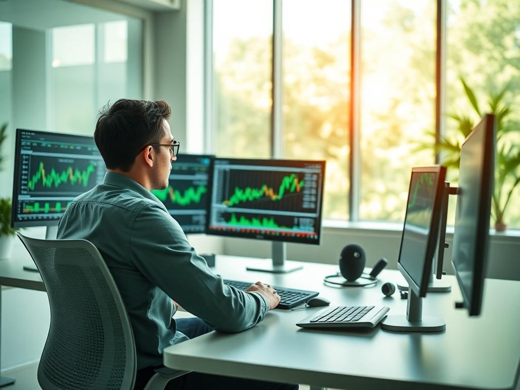 A focused individual engaged in an interactive trading course, sitting