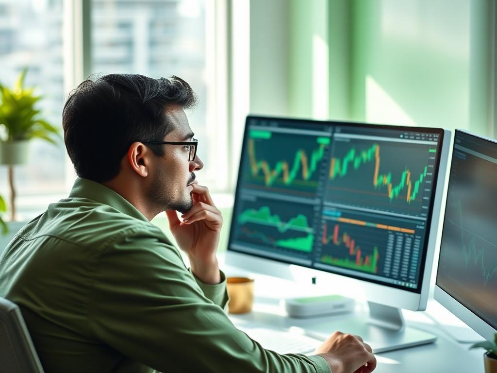 A trader deep in thought while analyzing market data on