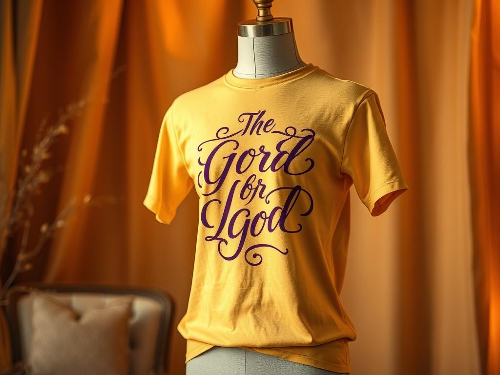 A vibrant custom t-shirt displayed elegantly on a mannequin, featuring a beautiful design with the word of God. The t-shirt is set against a cozy, golden-hued background, softly lit to enhance the fabric texture and color vibrancy. The focus is on the shirt to capture its unique design.