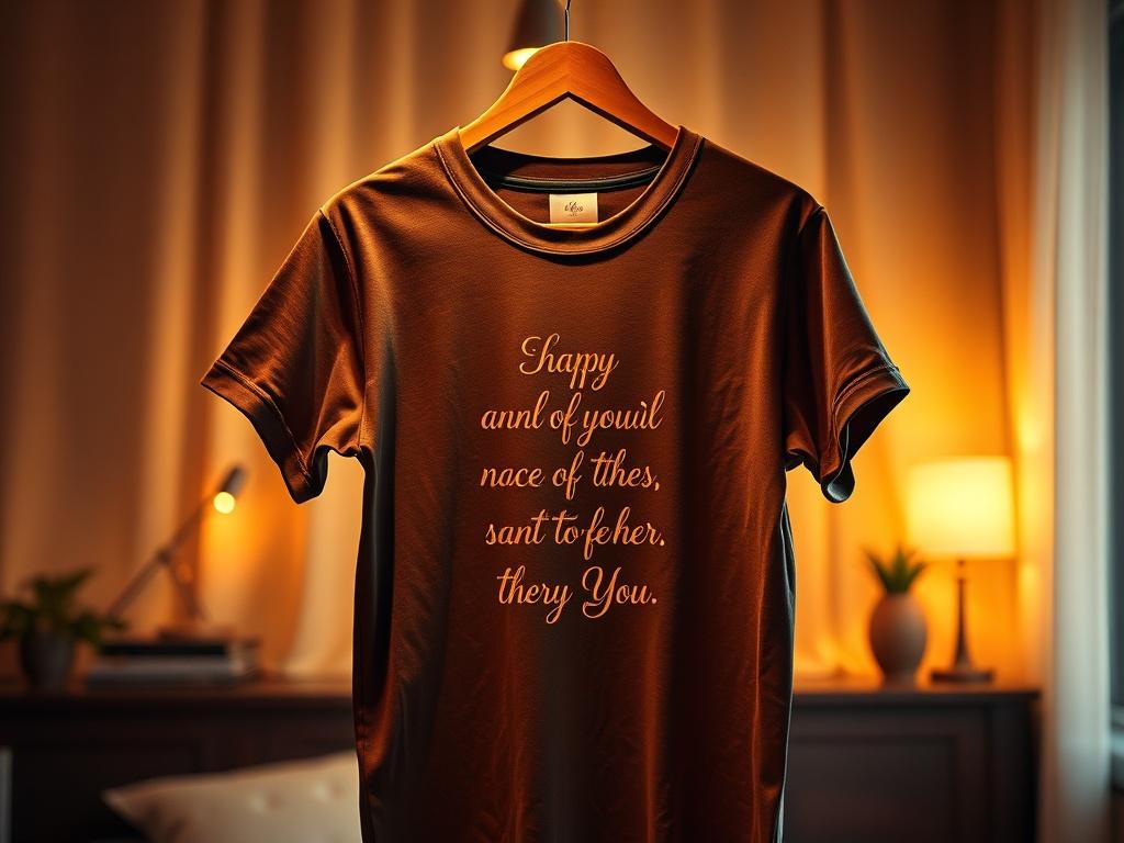 A stylish custom t-shirt displayed on a hanger, featuring an inspirational quote elegantly printed on it. The t-shirt is made from soft fabric and is draped against a cozy, golden-toned background with soft lighting, creating a serene and inviting atmosphere.