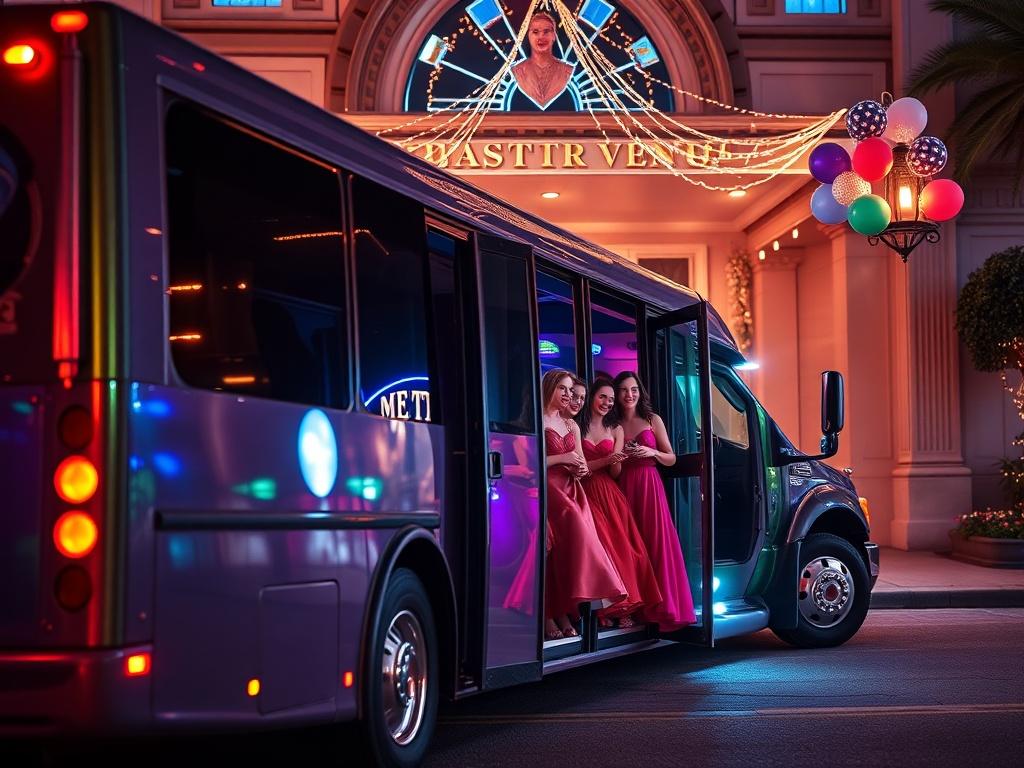 **AI Image Generator Prompt:**

Create a realistic high-resolution photo of an elegant party bus parked outside a beautifully lit high school prom venue in Savannah. The composition should focus on the party bus as the sole subject, showcasing its vibrant exterior with colorful lights reflecting off the polished surface. The background should include a stunning prom venue entrance, adorned with balloons, streamers, and soft fairy lights, creating an inviting atmosphere. 

The scene should evoke a sense of e