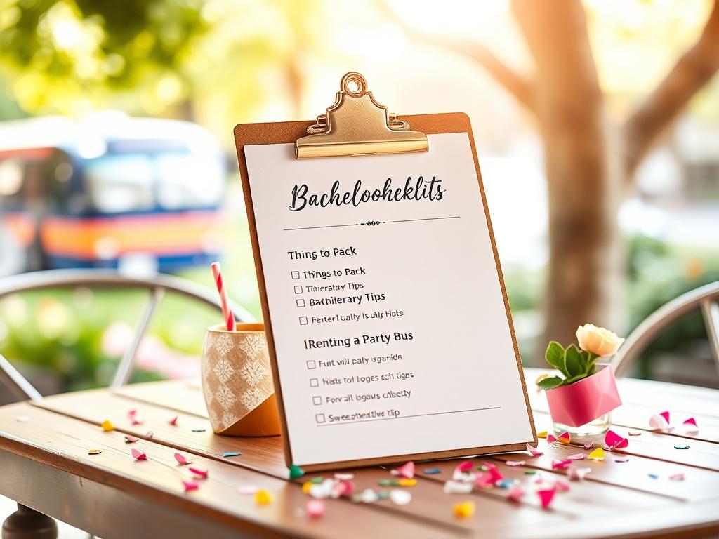Create a realistic high-resolution photo showcasing a vibrant bachelorette party scene that includes a beautifully presented checklist. The composition should focus on a single, elegant clipboard adorned with a stylish bachelorette party checklist. The checklist should subtly include elements like "Things to Pack," "Itinerary Tips," and "Renting a Party Bus," emphasizing the value and fun of the party bus as a key feature.

The clipboard should rest on a chic, wooden table, surrounded by a few delicate and 