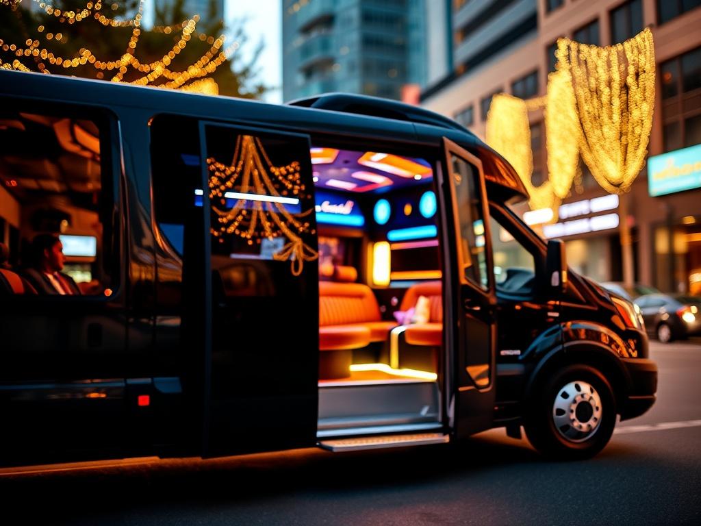 Create a realistic high-resolution image focused on a sleek, luxurious party bus parked in an inviting urban environment. The composition should feature the bus as the central subject, showcasing its spacious interior through the open door, with plush seating, ambient lighting, and vibrant decor reflecting a festive atmosphere. The background should include a soft-focus view of a lively city street, perhaps with twinkling lights or a sunset casting a warm glow, suggesting an exciting night out. 

Ensure the
