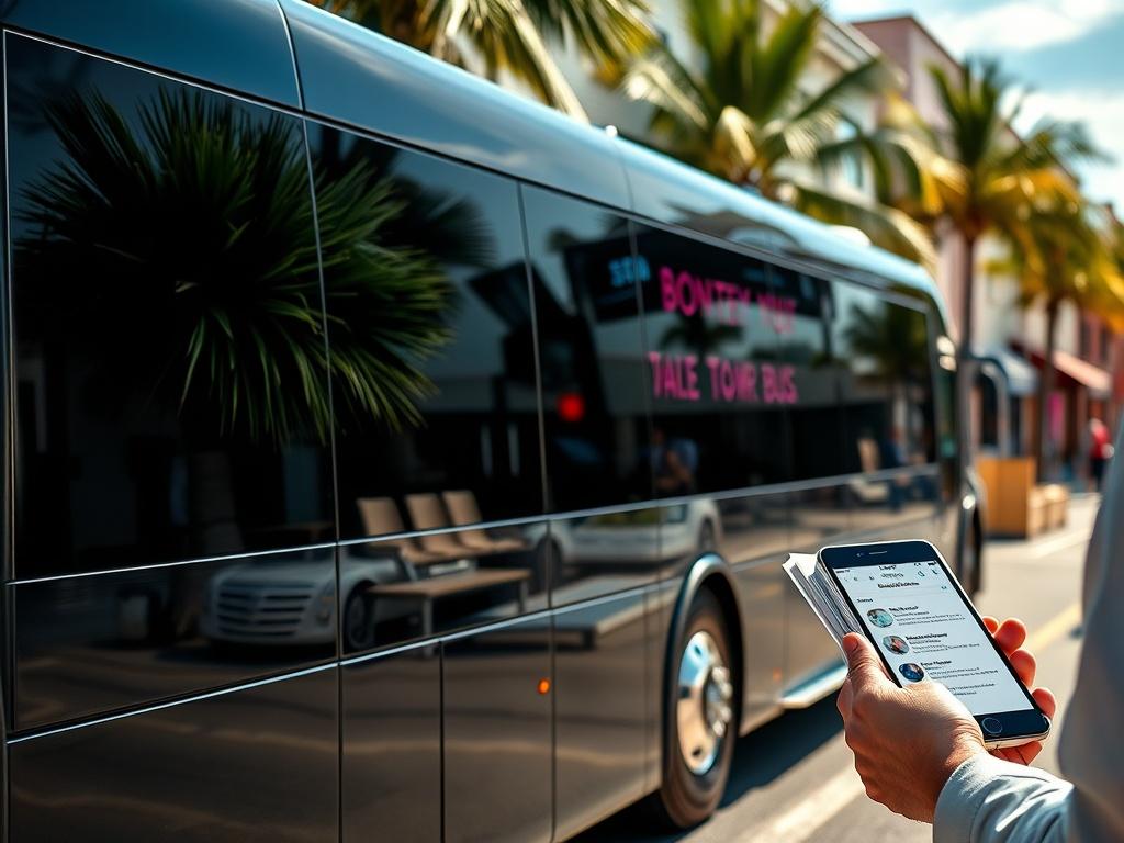 Create a high-resolution, hyper-realistic photo that captures a sleek, elegant party bus parked against a backdrop of the charming streets of Hilton Head, SC. The bus should be the central subject of the image, showcasing its polished exterior and vibrant colors. Ensure the bus features large, tinted windows reflecting the lush greenery of nearby palm trees and coastal elements typical of the Hilton Head area.

In the composition, focus closely on the bus, with the background slightly blurred to emphasize t