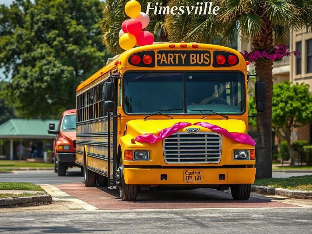 Create a realistic high-resolution photo showcasing a vibrant party bus parked in a lively urban setting in Hinesville. The composition should focus centrally on the party bus, which should be painted in bright colors with festive decorations, such as balloons and streamers, to evoke a celebratory atmosphere. 

The background should reveal iconic and recognizable elements of Hinesville, such as local landmarks, greenery, or the outskirts of residential areas, providing context while keeping the bus as the s