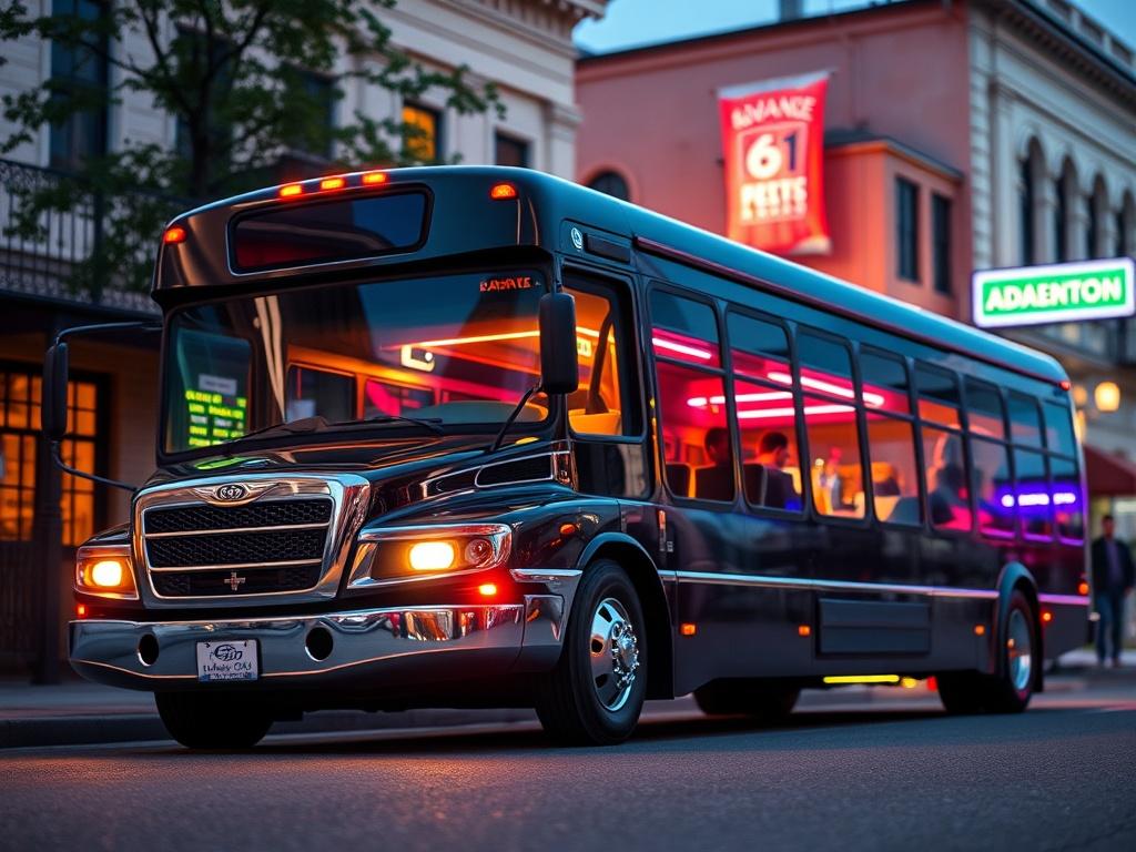 **Prompt for AI Image Generation:**

Create a realistic high-resolution photo of a luxurious party bus parked in a vibrant setting in Savannah. The composition should feature the party bus as the sole subject, positioned slightly off-center to create a dynamic balance. The bus should be showcased with gleaming exteriors and a well-lit interior, capturing the essence of luxury and fun.

In the background, include a hint of the charming Savannah architecture, such as historic buildings or lush greenery, to es