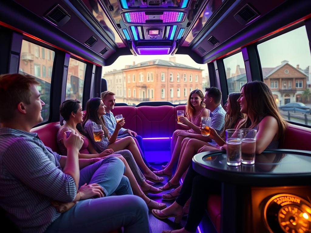 Create a hyper-realistic, high-resolution photo that illustrates the concept of organized travel for a group using a party bus in Savannah. The composition should feature a spacious and stylish interior of a modern party bus, with a focus on one main subject: a group of friends enjoying a fun night out together. 

The scene should depict the friends seated comfortably on plush seating, laughing and sharing drinks, with a sense of camaraderie among them. Ensure the bus is well-lit, showcasing the vibrant col