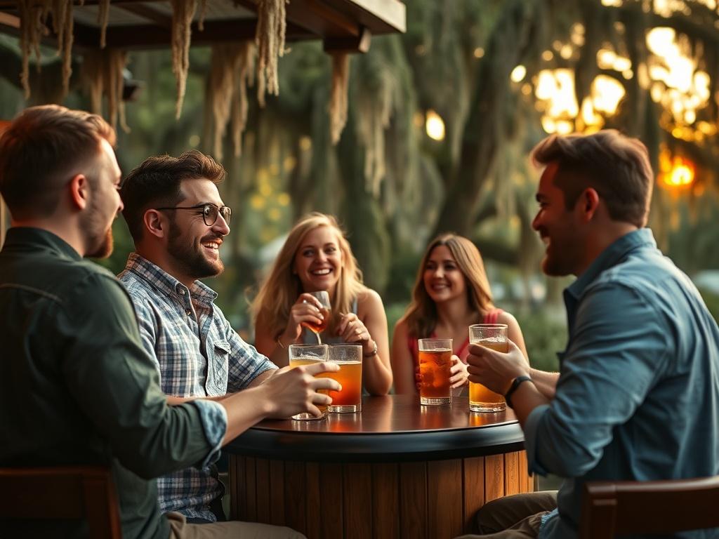 Create a realistic high-resolution photo focusing on a vibrant, fun-filled moment during a bachelor party in Savannah. The subject should be a group of four friends in their late twenties to early thirties, gathered around a classic Savannah-style outdoor bar. They are joyfully engaged in conversation, laughter, and holding drinks, showcasing a sense of camaraderie and excitement. 

The background should feature lush greenery characteristic of Savannah, with hints of Spanish moss hanging from the trees and 