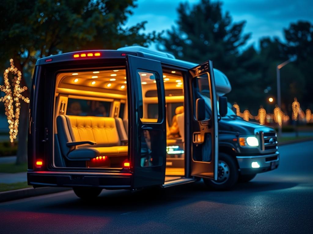 **AI Image Generation Prompt:**

Create a realistic high-resolution photo that vividly illustrates the essence of a party bus experience. The composition should focus on a single, luxurious party bus parked in an idyllic setting, such as a scenic park or a beautifully lit urban street at dusk. The party bus should be the central subject, exuding elegance and vibrancy, with its doors open to reveal a stunning interior filled with plush seating, ambient lighting, and festive decorations. 

In the background, 