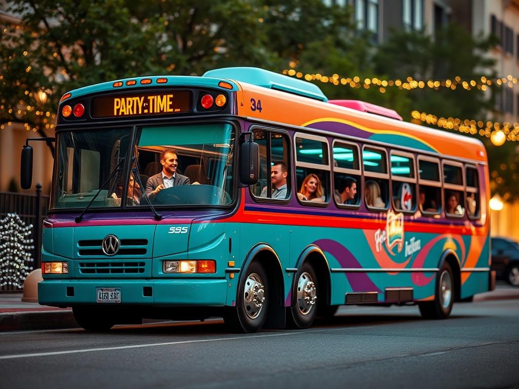 **Prompt for AI Image Generator:**

Create a realistic high-resolution photo that visually conveys the concept of a Party Time Party Bus transforming ordinary plans into effortless group fun. The image should feature a vibrant, stylish party bus as the sole subject, parked in an inviting urban setting like Savannah. The bus should have colorful accents and large windows showcasing happy passengers inside, enjoying their time. 

For the background, include softly blurred elements like twinkling city lights a