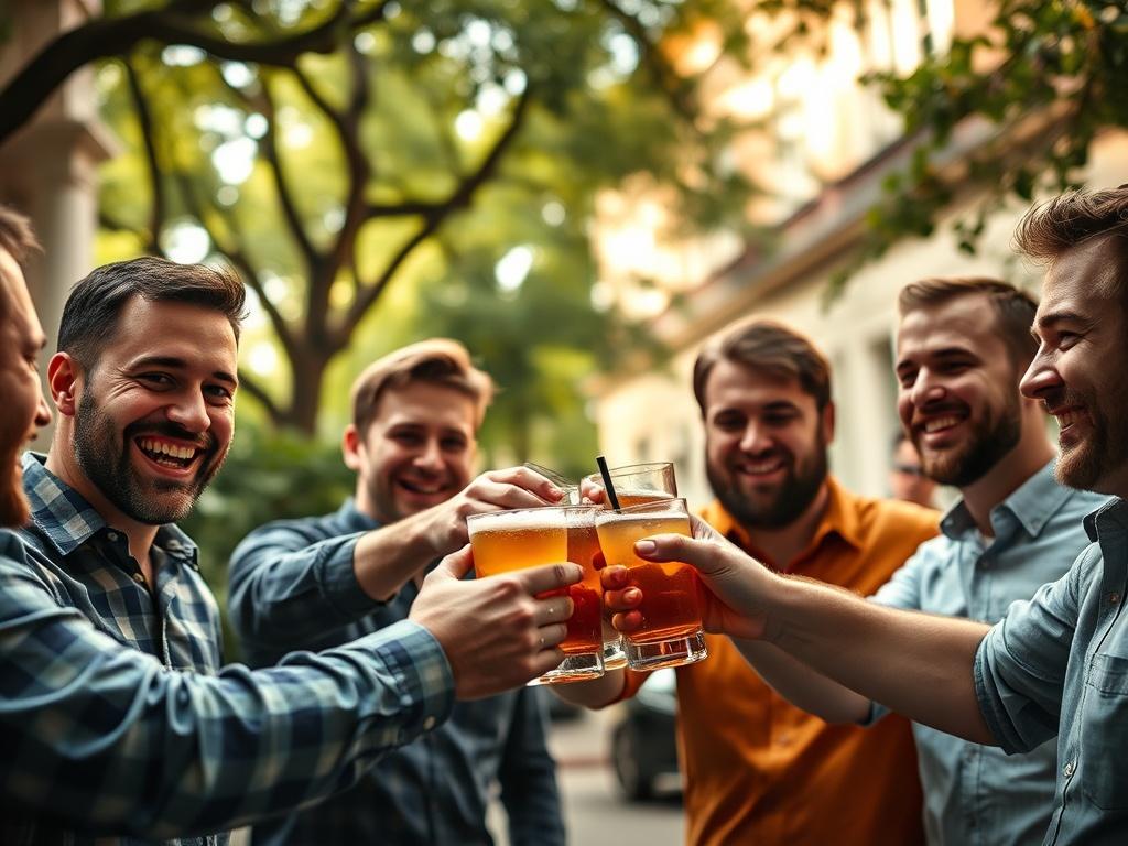 Create a realistic high-resolution image that captures the essence of a lively bachelor party in Savannah. The composition should feature a single subject, a group of men in their late 20s to early 30s, joyfully clinking their drinks together in a toast. They should be positioned in the foreground, displaying a sense of camaraderie and excitement. 

In the background, showcase iconic elements of Savannah, such as historic architecture and lush greenery typical of the area, to set the scene. The lighting sho