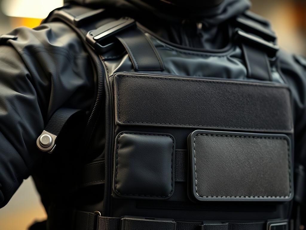 A close-up shot of a ballistic vest being tested, showcasing high-quality materials and intricate details, with a blurred background that emphasizes the vest's features. The lighting should highlight the textures and colors of the vest, creating a hyper-realistic effect, with a focus on the craftsmanship involved in ballistic protection.