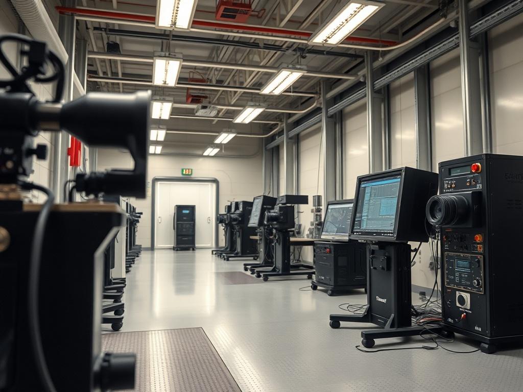 A close-up shot of a modern ballistic testing facility, with advanced technology and equipment visible. The focus should be on high-tech devices used for ballistic testing, with a clean and organized background.