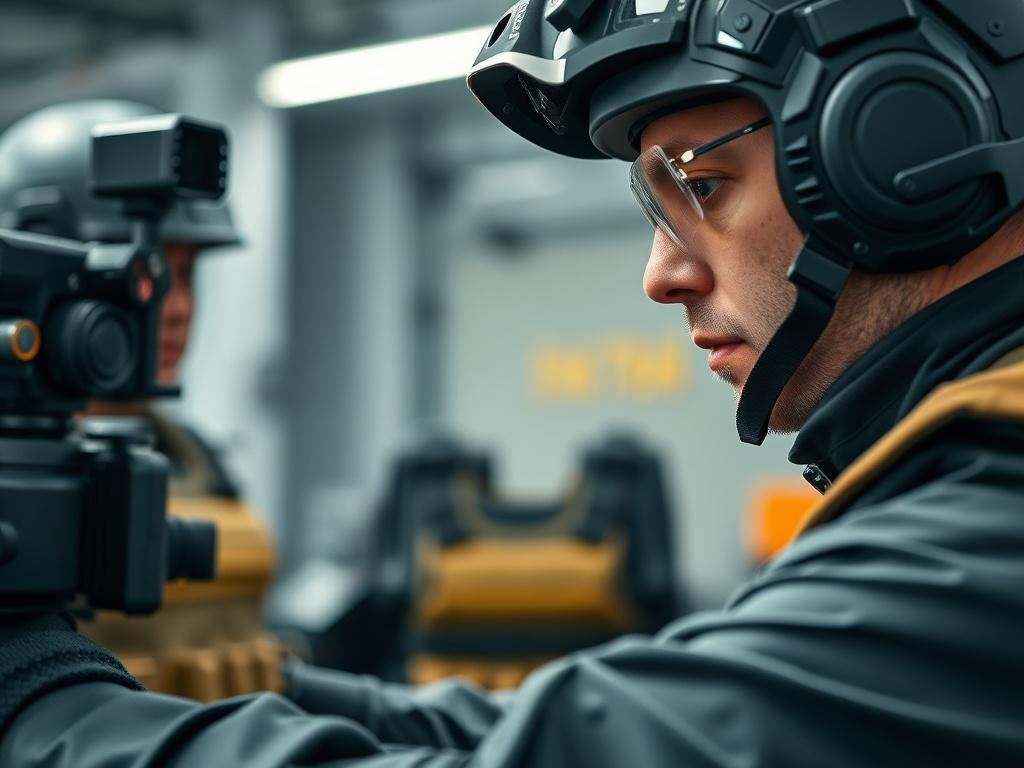 A close-up shot of a professional conducting ballistic tests in a controlled environment, showcasing various ballistic materials like vests and helmets. The background should be blurred to focus on the subject, with natural lighting emphasizing the details of the testing equipment.